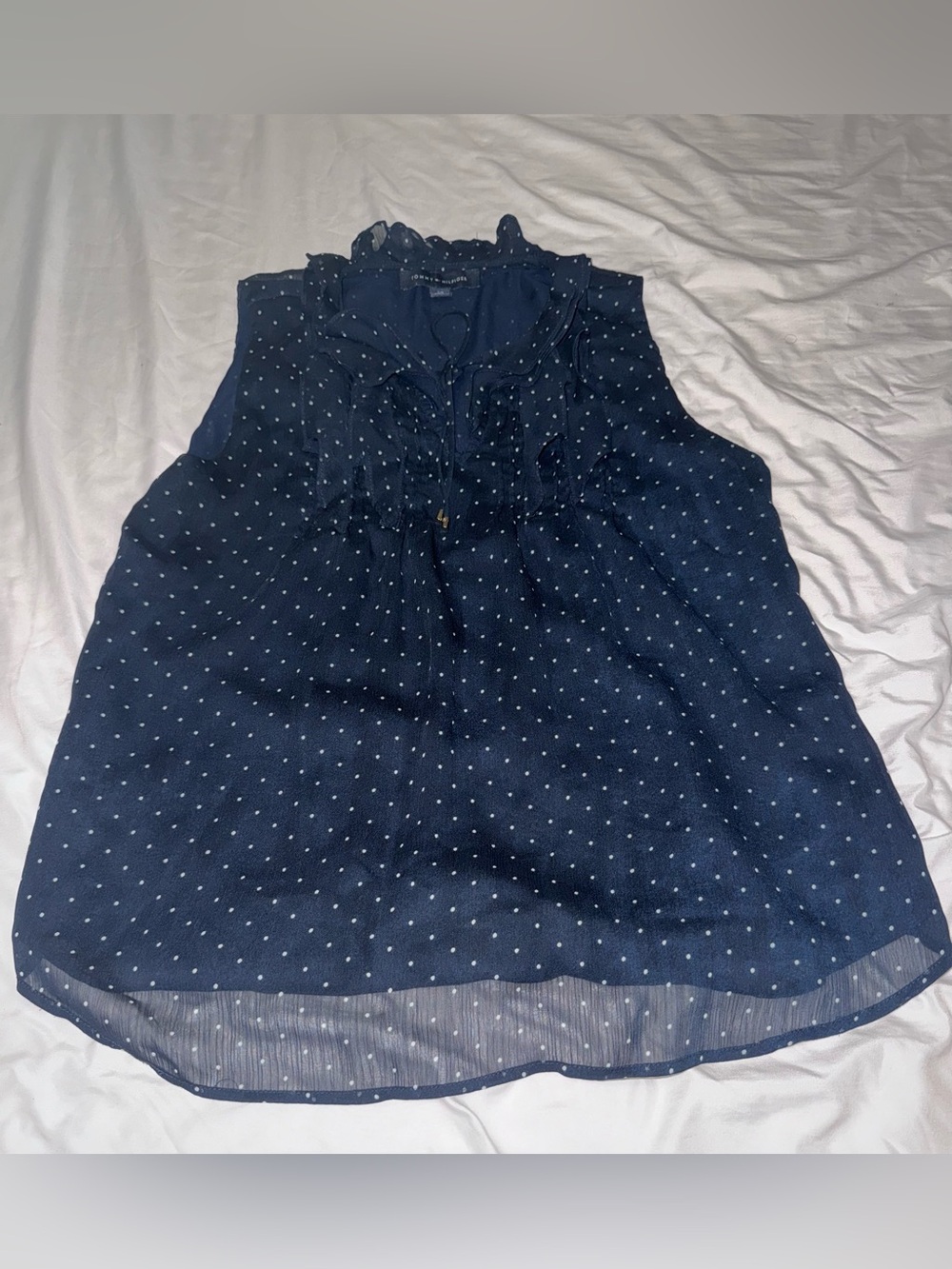Tommy Hilfiger Navy Polka Dot Ruffle Tie Blouse